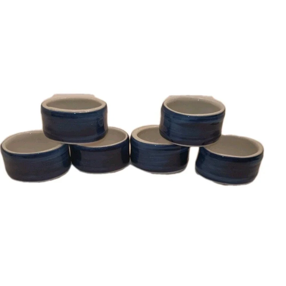 SET OF 6 - Glossy Blue & White Striped Ceramic NAPKIN RINGS, Modern. NICE!